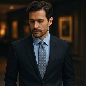 Vintage JZ Boulder Silk Tie – Periwinkle & Gold Geometric Floral • Hand-Made